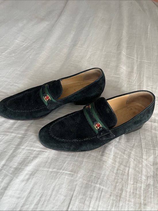 Gucci Shoes - Vintage Gucci Black Suede Loafers with Green-Red Web Size 6.5 or 7